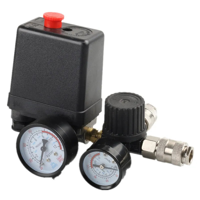 Air compressor pressure switch with gauge, 12MM connector, and adjustment dial for 0.5-0.8 MPA range.