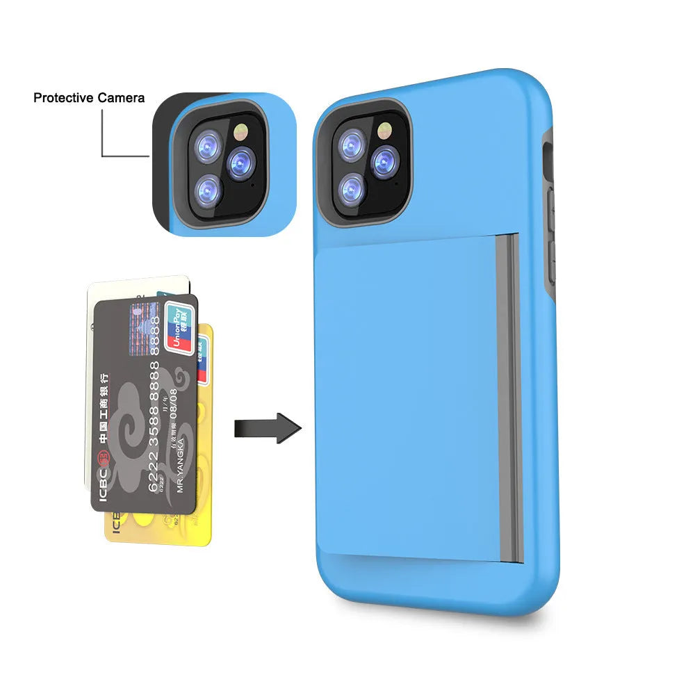 Slim solid-colour mobile phone case for iPhone 11, shown in black, red, pink, blue, dark blue, and purple.