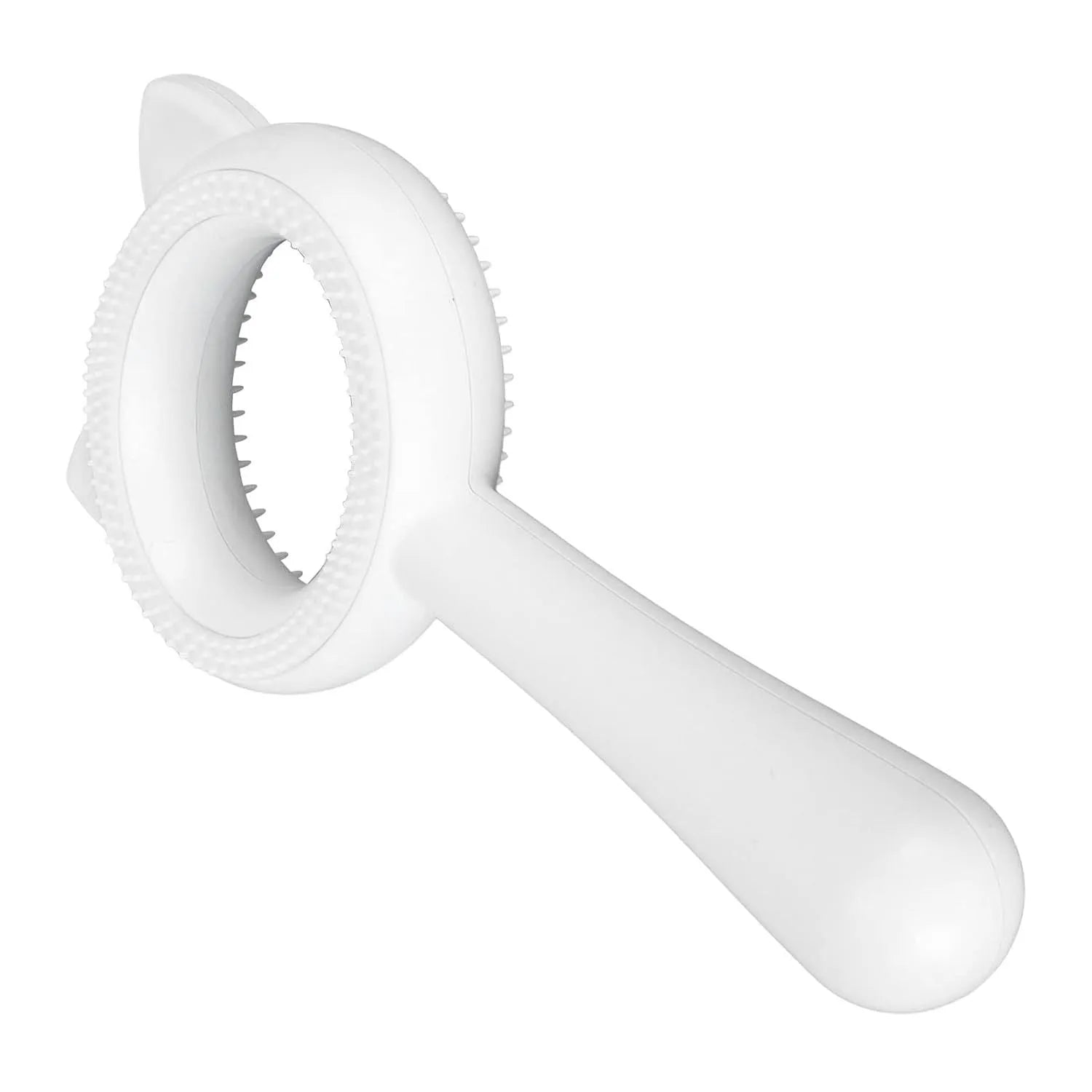 Blue and white double-sided pet grooming brush with ergonomic handle showing quick clean-up feature