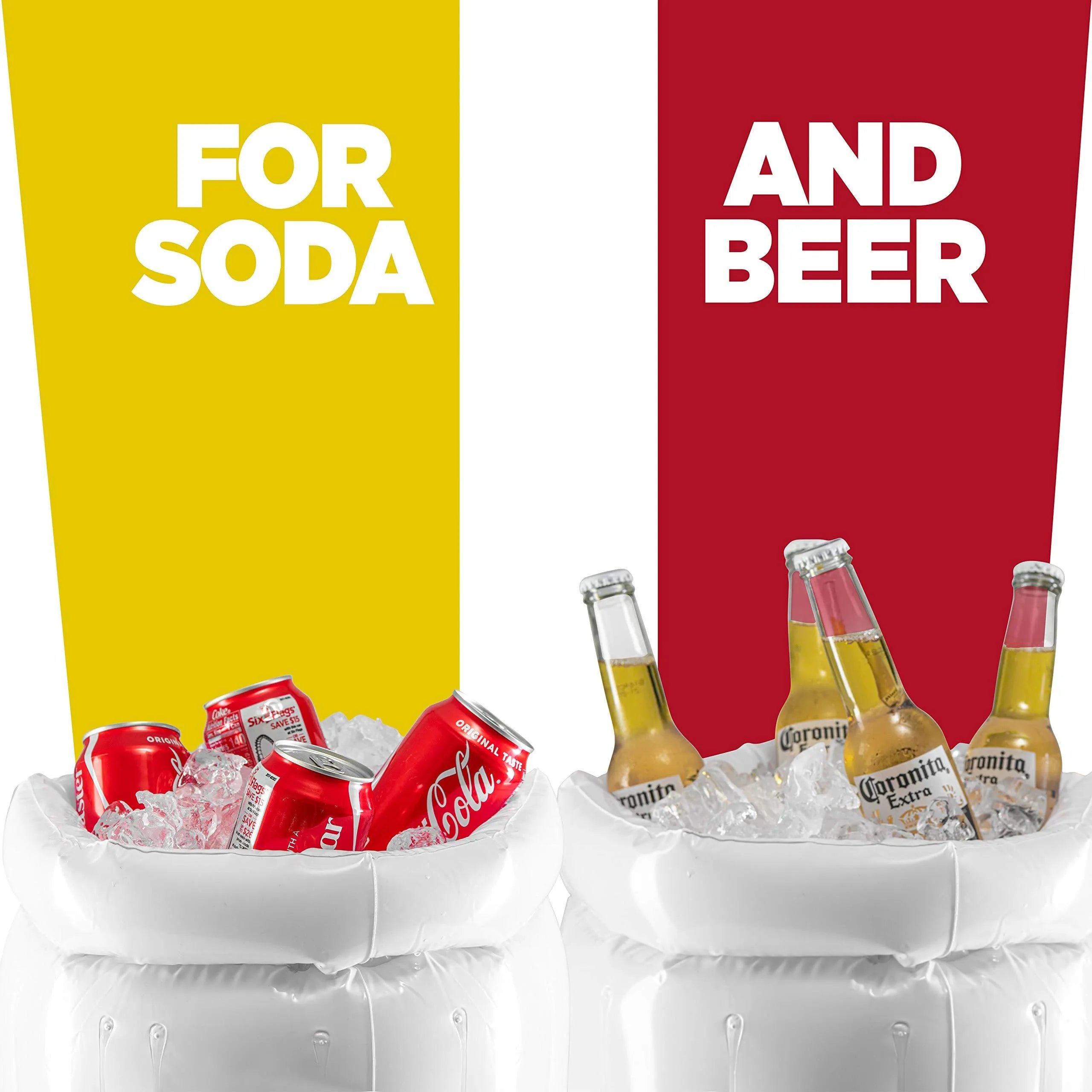 Large yellow inflatable beer mug drink cooler floating in a swimming pool.