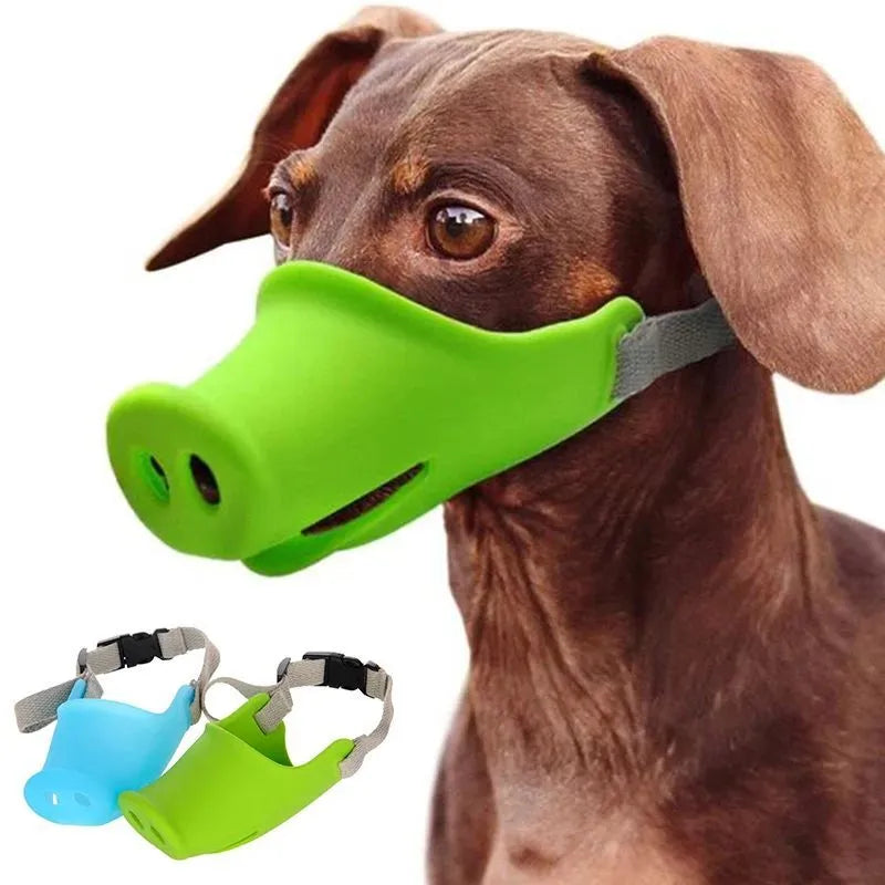 Blue silicone dog muzzle for long-mouthed breeds showing flexible construction