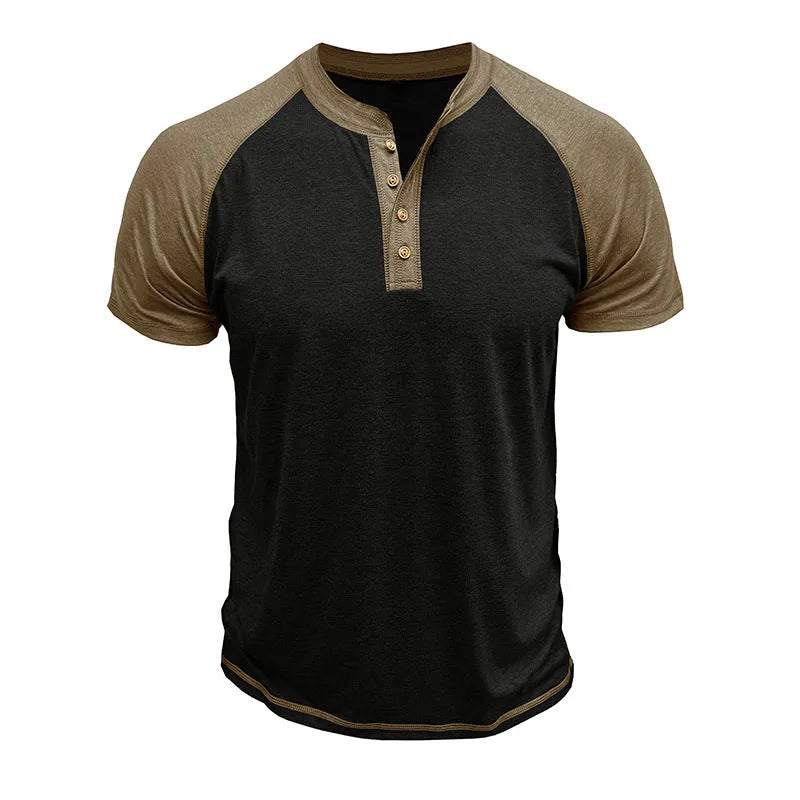 Men's short sleeve pullover top in a black and khaki colour block with raglan sleeves