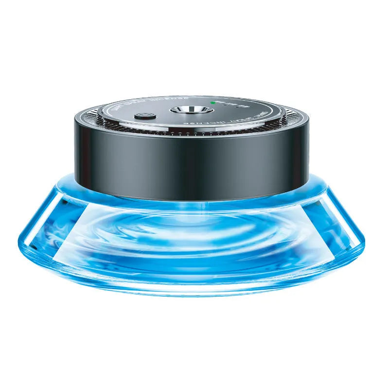 Smart spray car air freshener unit with refillable design, shown with fragrance refill bottle.