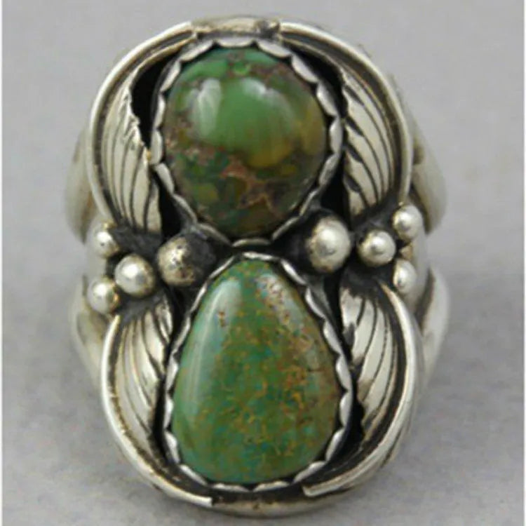 Turquoise geometric women's ring with inlaid design on alloy band