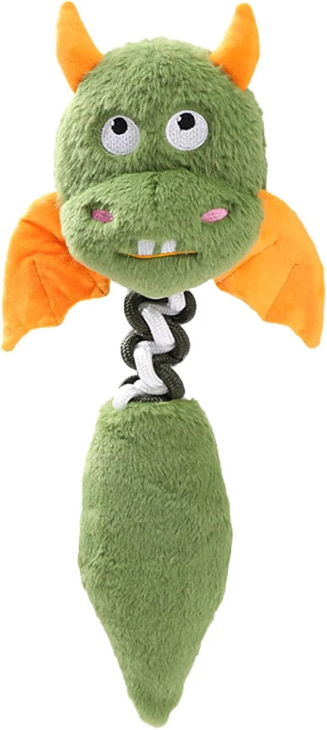 44cm long plush dog toy with squeaker and rope knot in rabbit fleece fabric