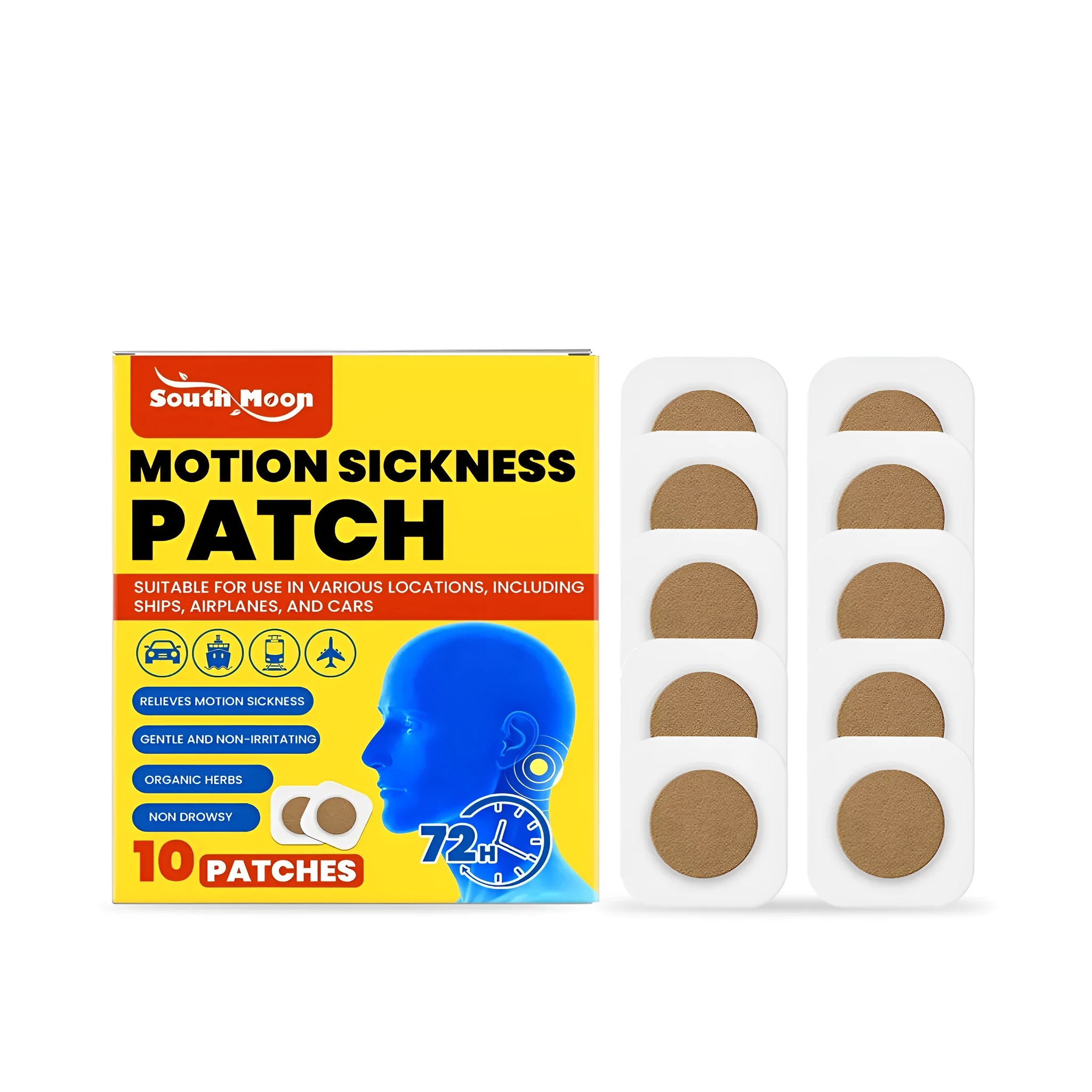 Motion sickness patch pack of 10 with wormwood and herbal ingredients for travel nausea relief