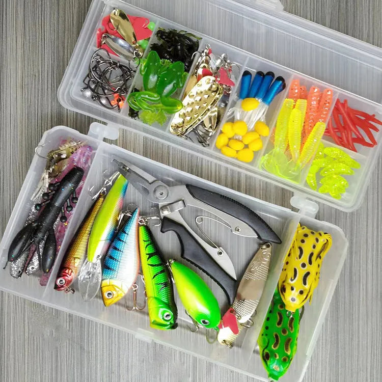 Fishing lure kit containing 142 pieces with hard minnow lures, sequins, fishhooks and fishing pliers