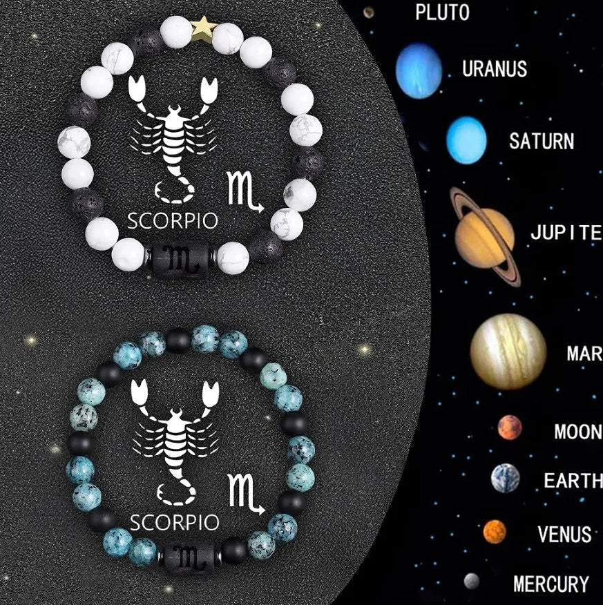 Set of two natural stone beaded bracelets showing different Zodiac sign designs.