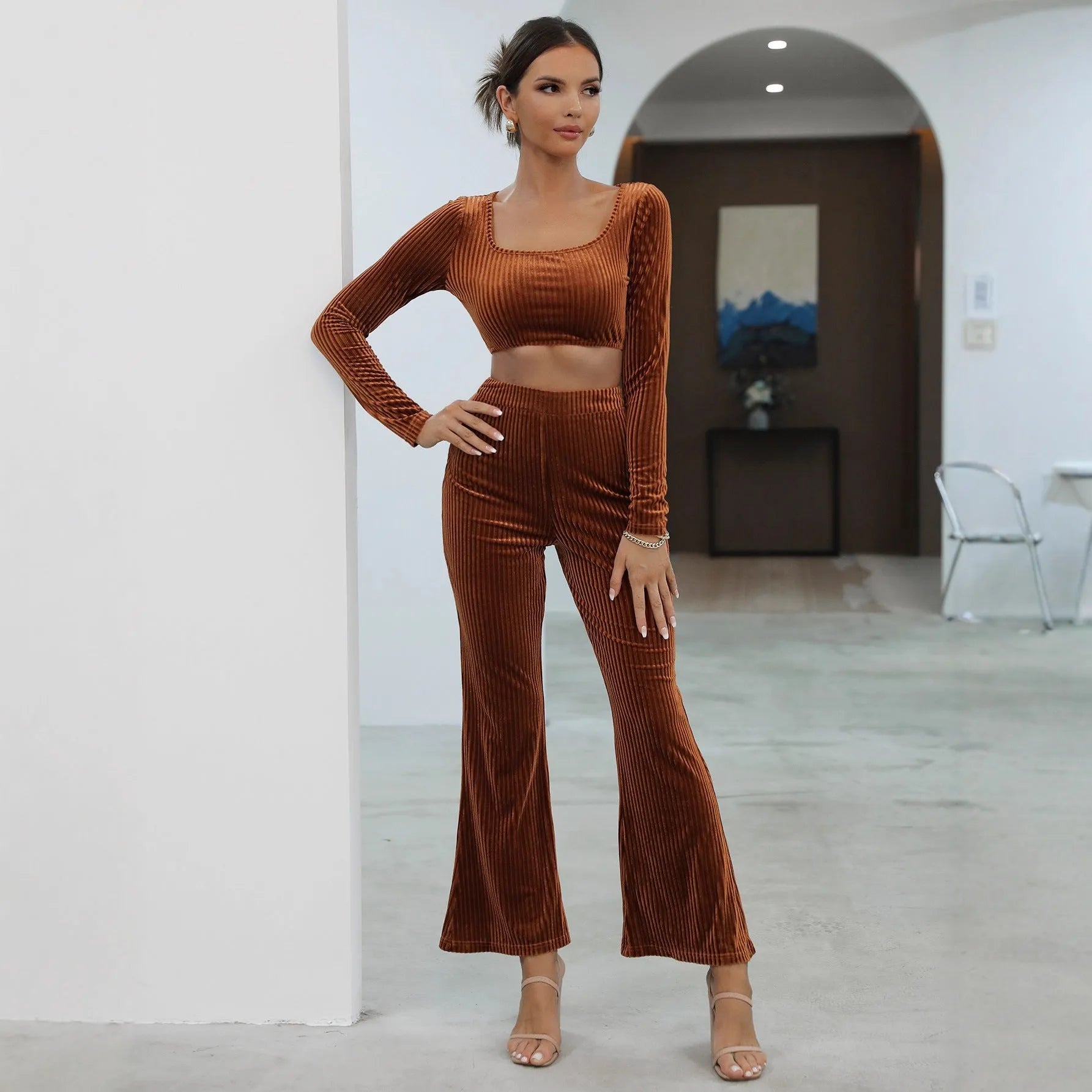 Caramel coloured long sleeve sweater set with top and pants in polyester spandex fabric