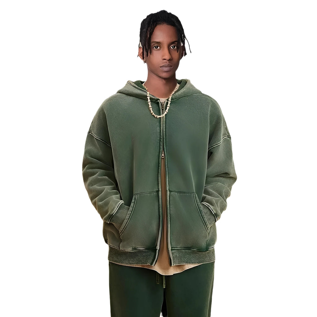 Men's vintage washed cotton hooded cardigan with fleece lining and a double front zipper.