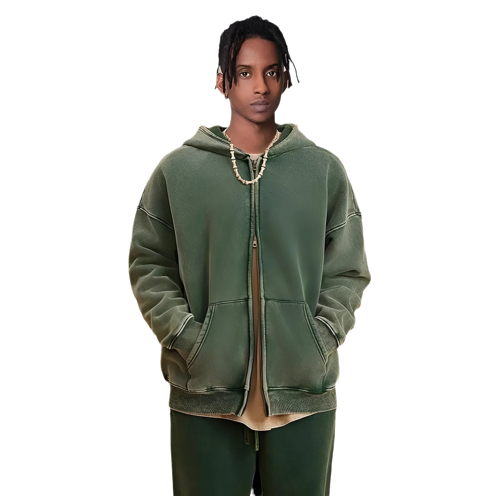 Men's vintage washed cotton hooded cardigan with fleece lining and a double front zipper.