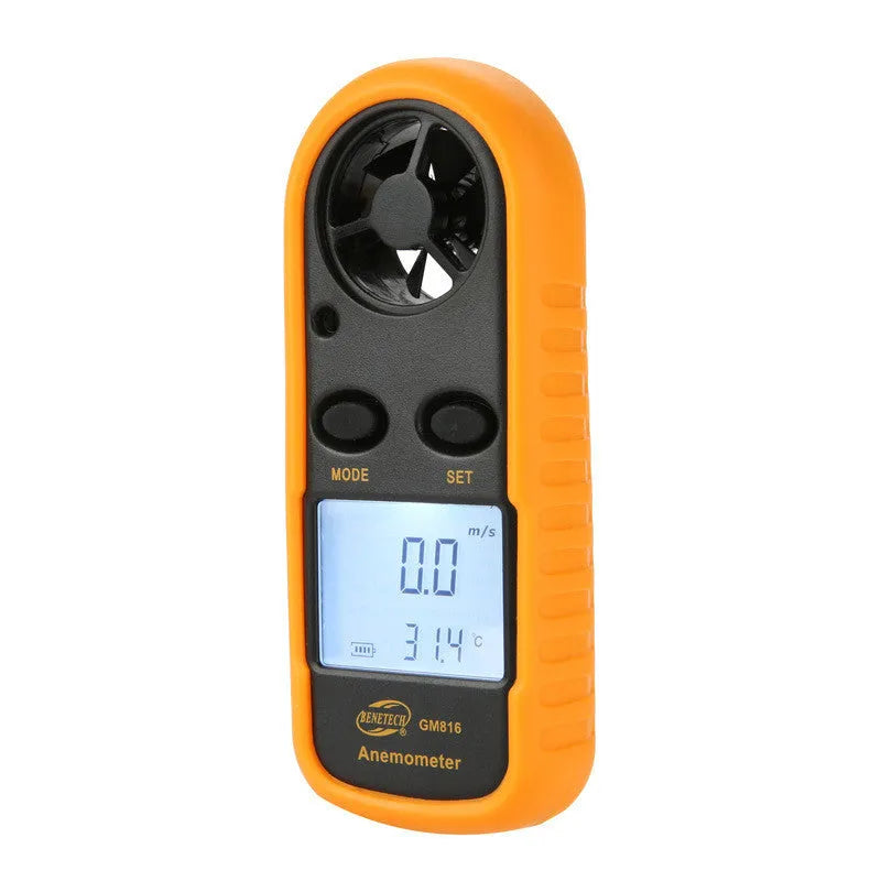Orange digital portable wind speed measuring instrument anemometer showing compact 105x40x18mm size