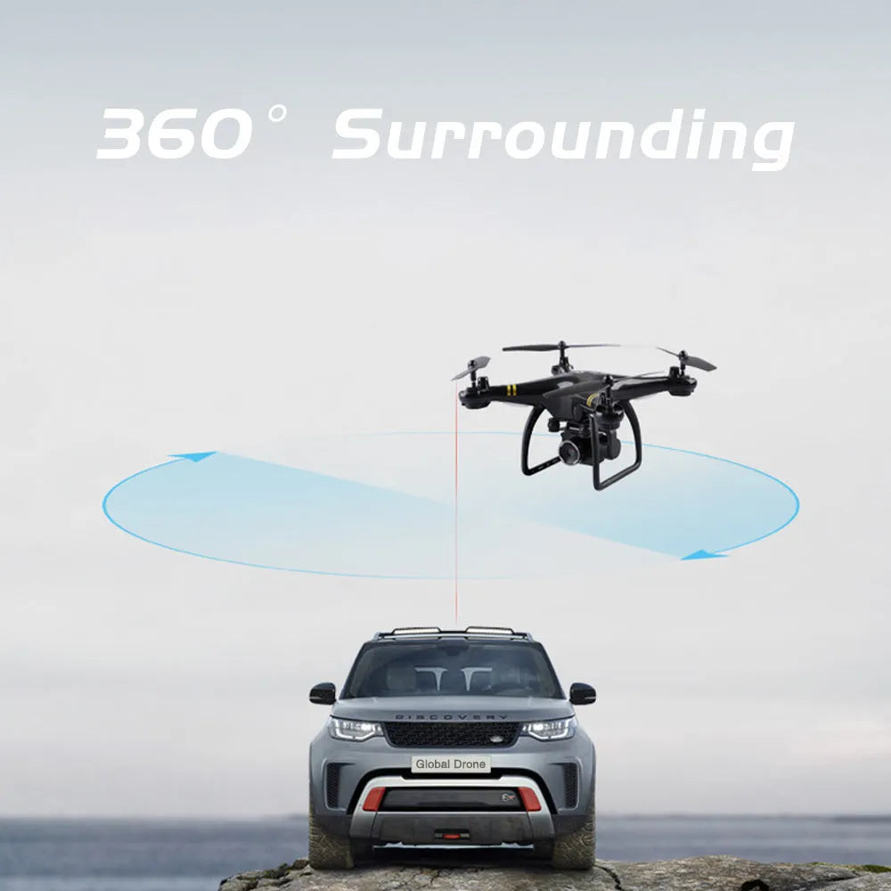 Black 5G GPS quadcopter drone with HD camera and fence guards on a flat surface