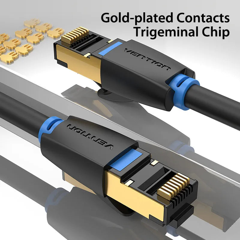 Shielded CAT8 Ethernet network cable with RJ45 plugs in choice of flat or round style, multiple lengths
