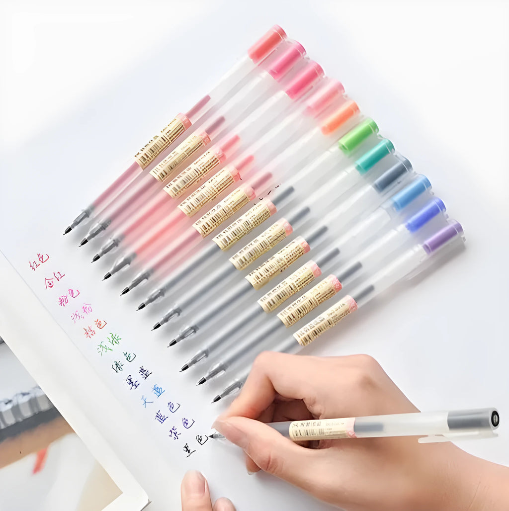 Muji 12-piece gel pen set with 0.5mm fine nibs displayed in packaging