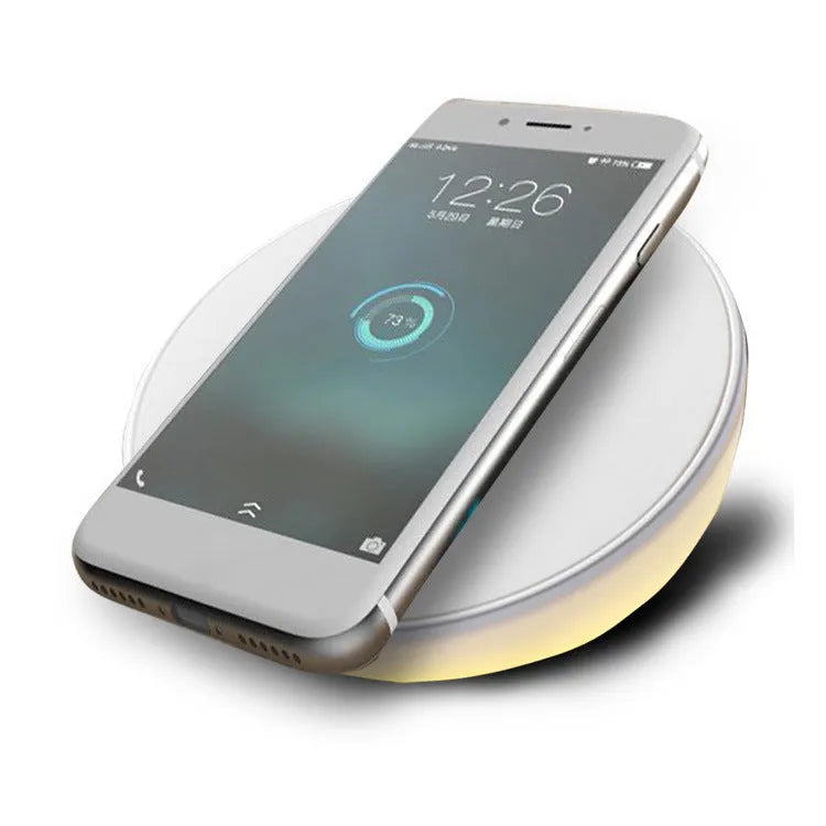White wireless charger with digital clock display, alarm function and night light for QI smartphones