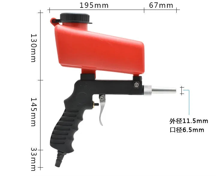 Portable blue pneumatic sandblasting gun with gravity feed tank and nozzle.