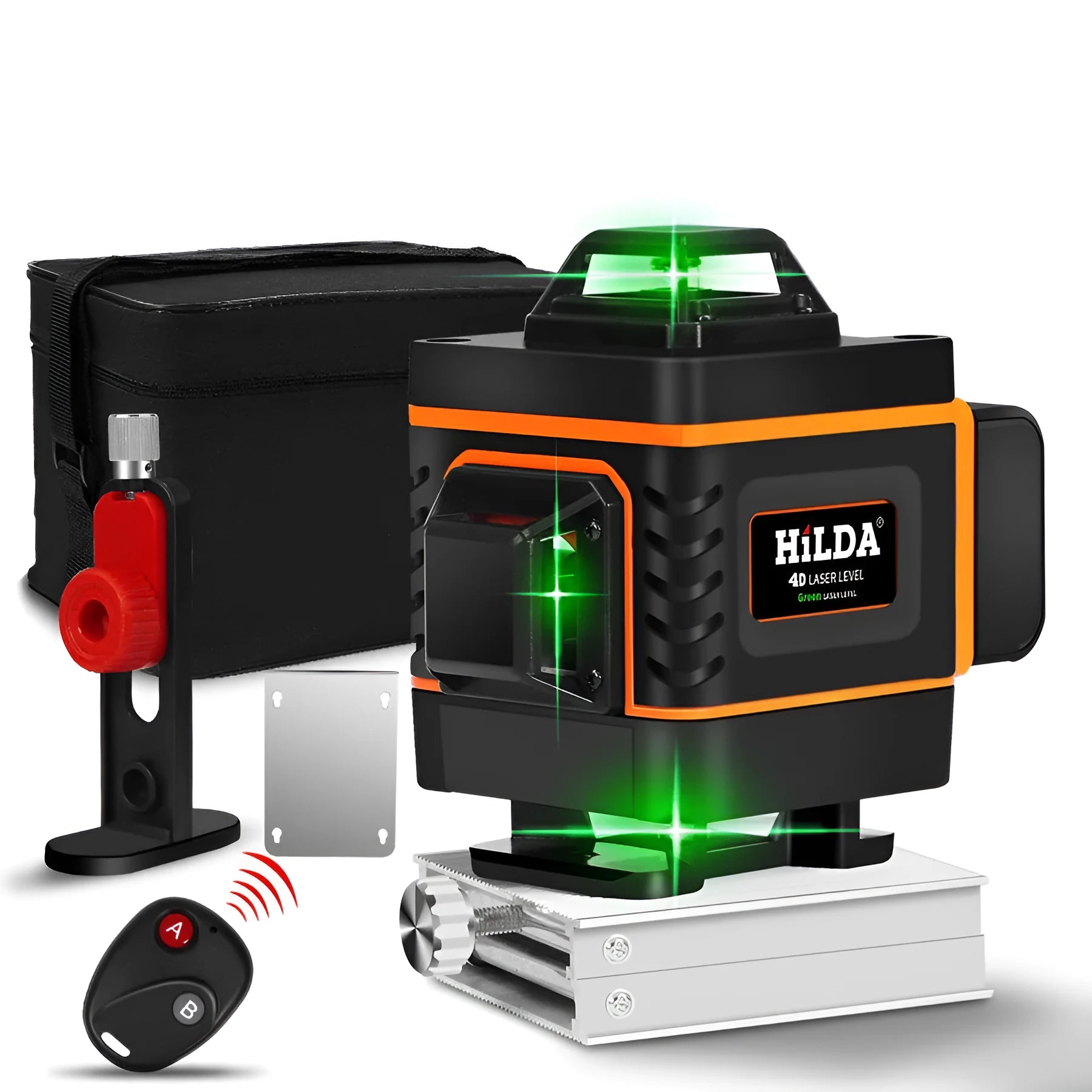 Rotating laser level showing 16-line green beam projection for wall alignment