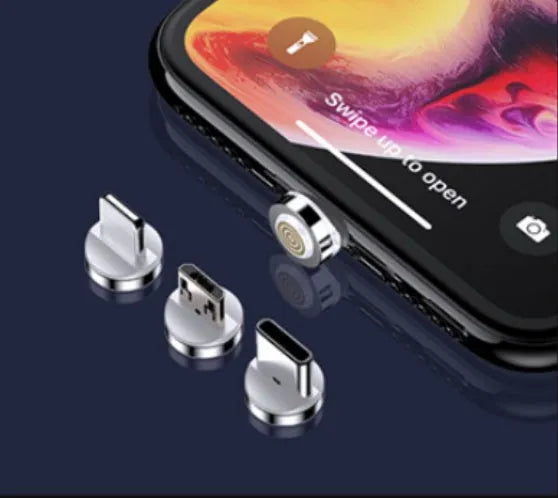 Magnetic data cable with LED side lights in black, red, or silver colour, compatible with Apple iPhone, Android, and Type-C devices