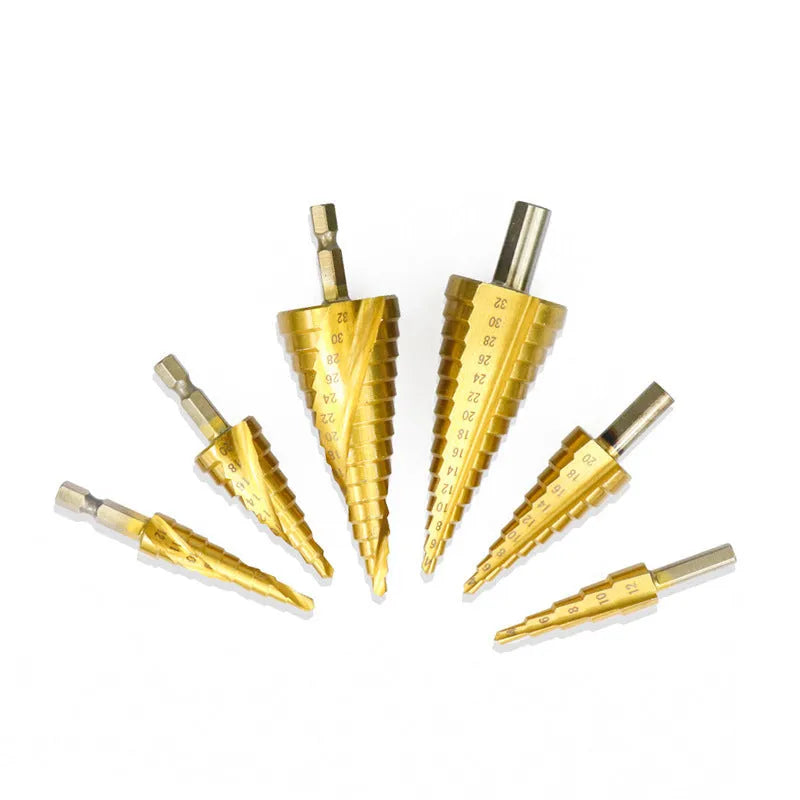 High speed steel step drill bits and centre punch set for metal drilling applications
