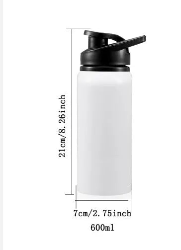 White aluminium sports cycling water bottle shown in 600ml and 750ml sizes.
