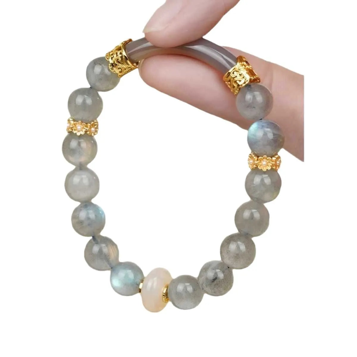 Gray moonstone agate women's half bracelet with 8mm round beads on a wrist.