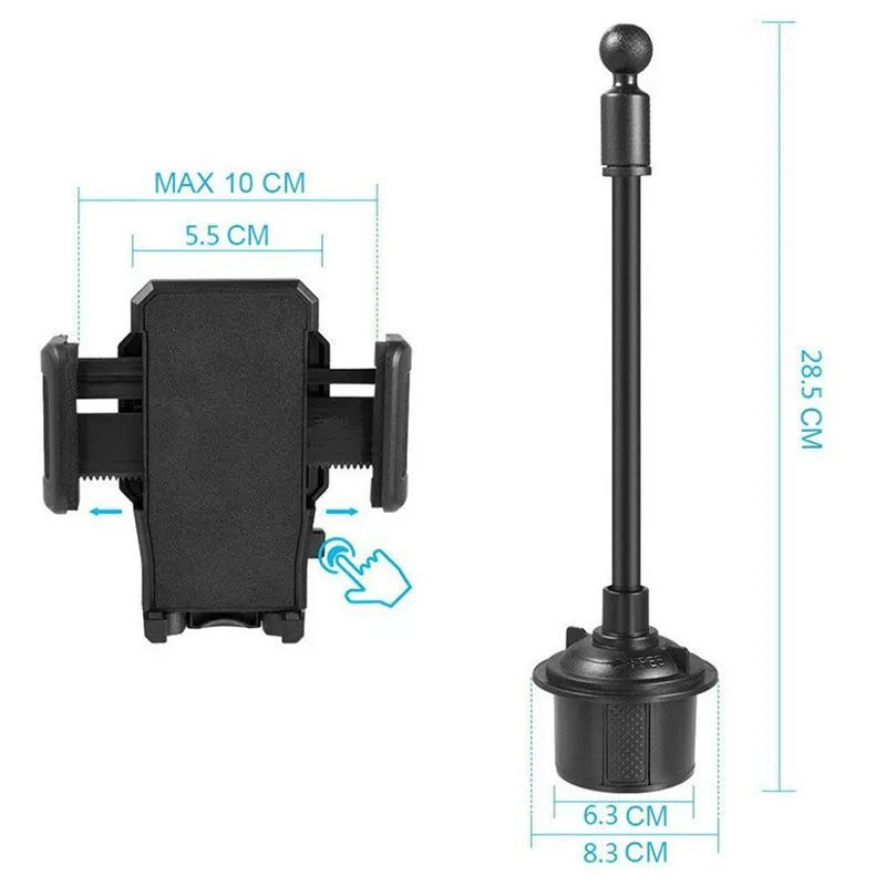 Black universal car-mount phone bracket showing adjustable side handles and a suction cup mount.