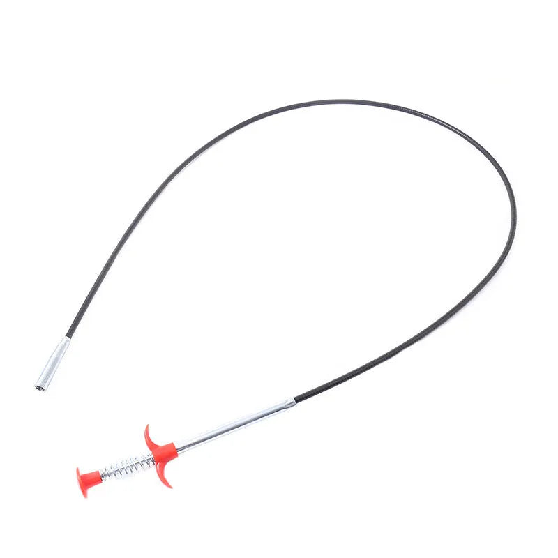 Black flexible sewer dredger spring drain cleaning tool with a textured grip on a white background.