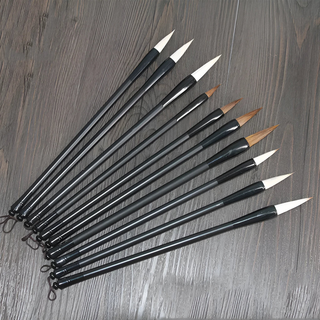 Student calligraphy brush with steel handle, showing kanhao nib and natural hair bristle options.