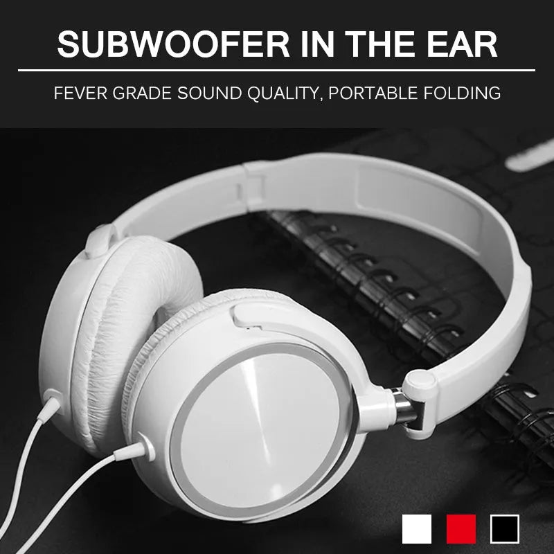 Black folding wired over-ear headphones with adjustable headband and 3.5mm plug on a coiled cable.