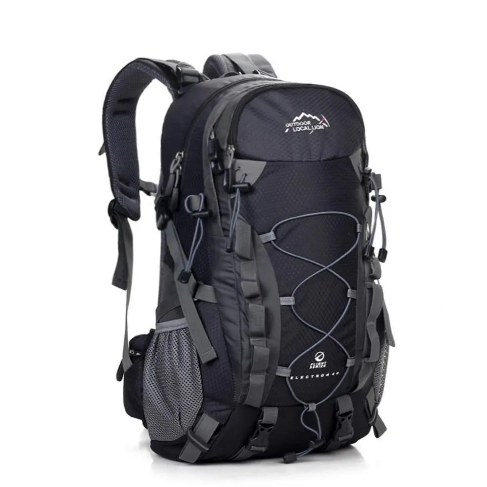 Green polyester outdoor sports backpack with 35L capacity for hiking and camping