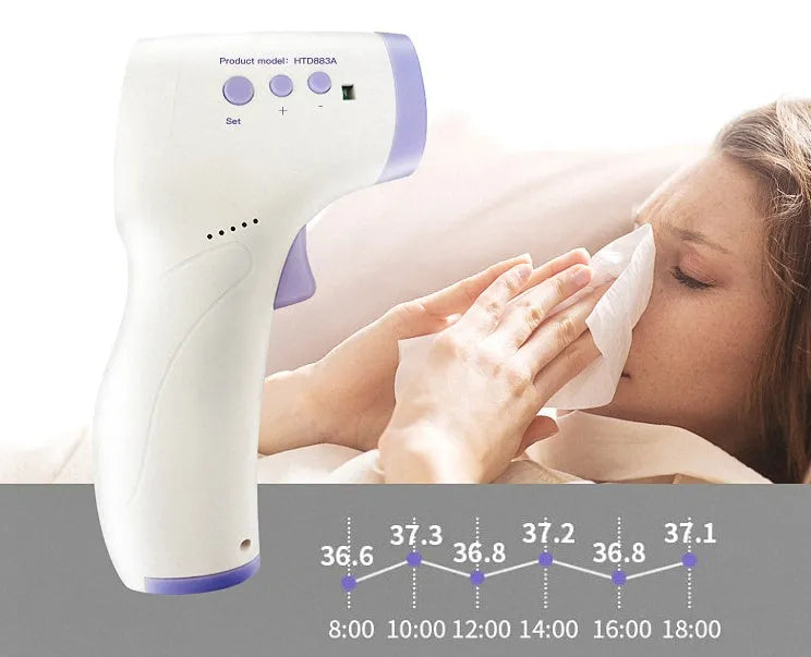 Non-contact infrared thermometer HTD883A with forehead measurement button and digital display for 0.5-second temperature reading