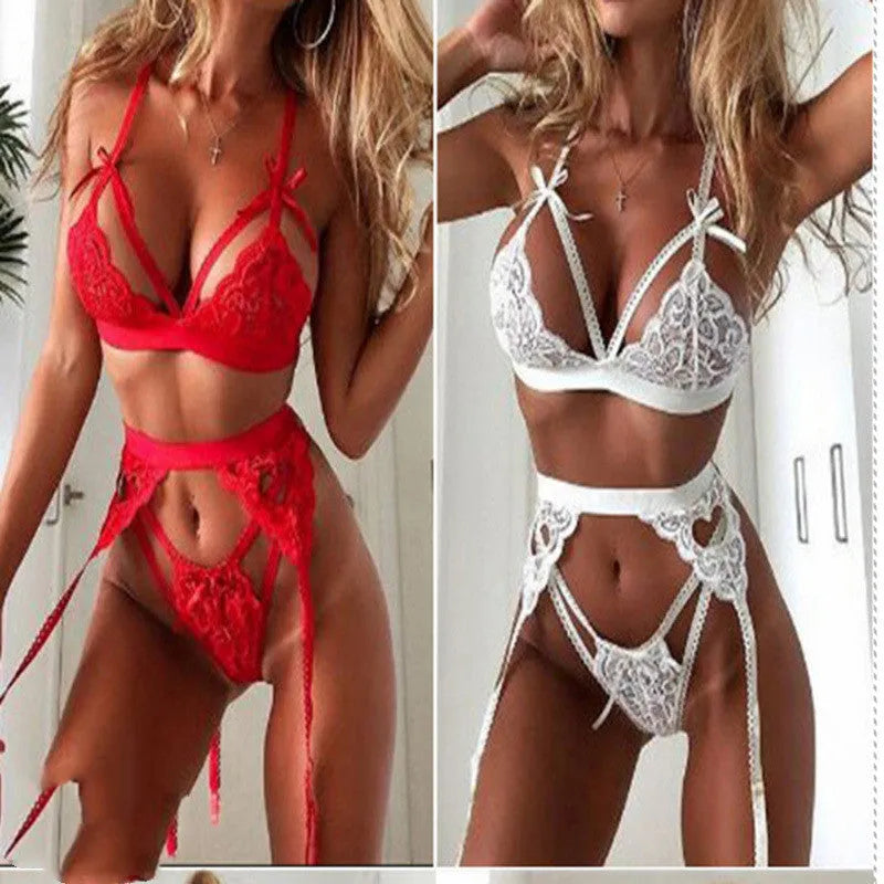 Red and white lace lingerie set made from polyester fabric in sizes small to extra-large