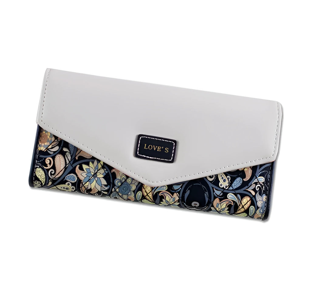 Women's large capacity three fold student wallet in PU leather with buckle closure, shown in multiple colours.