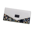Women's large capacity three fold student wallet in PU leather with buckle closure, shown in multiple colours.
