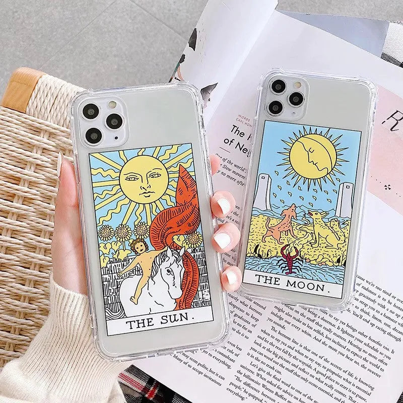 Creative Mythology Comic retro phone case for iPhone with sun and moon graffiti cartoon design.