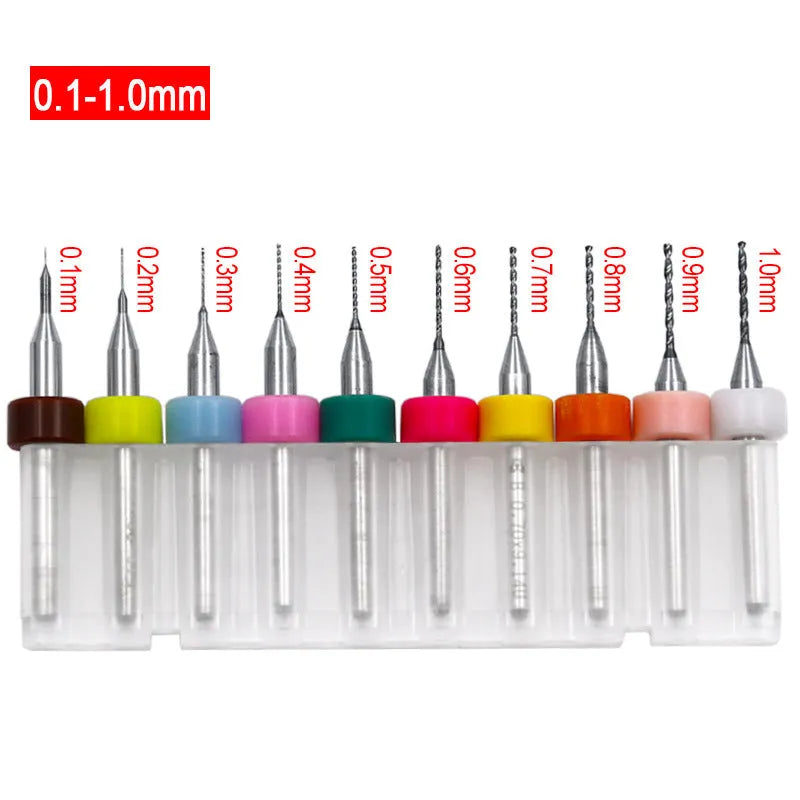Tungsten steel straight shank PCB drill bits with small diameter blades, 10-piece pack.