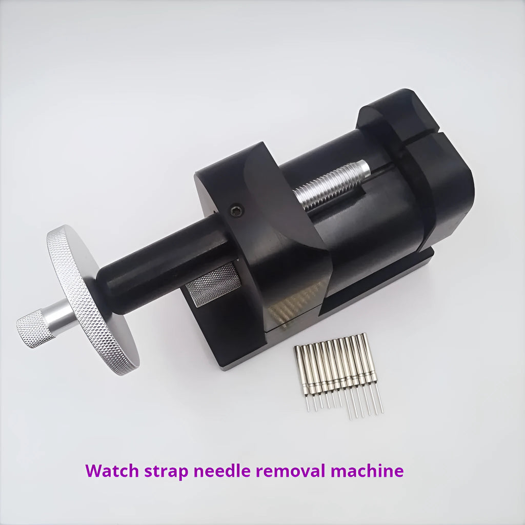 Alloy steel watch strap removal machine with accessory tools for professional watch repair.
