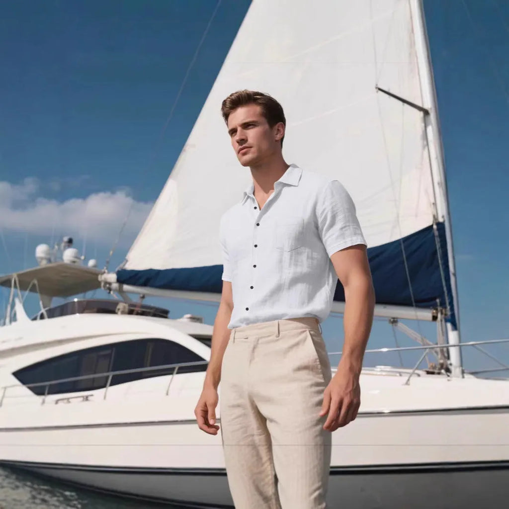 Men's loose fit linen short-sleeved shirt in cardigan style, shown in multiple solid colours.