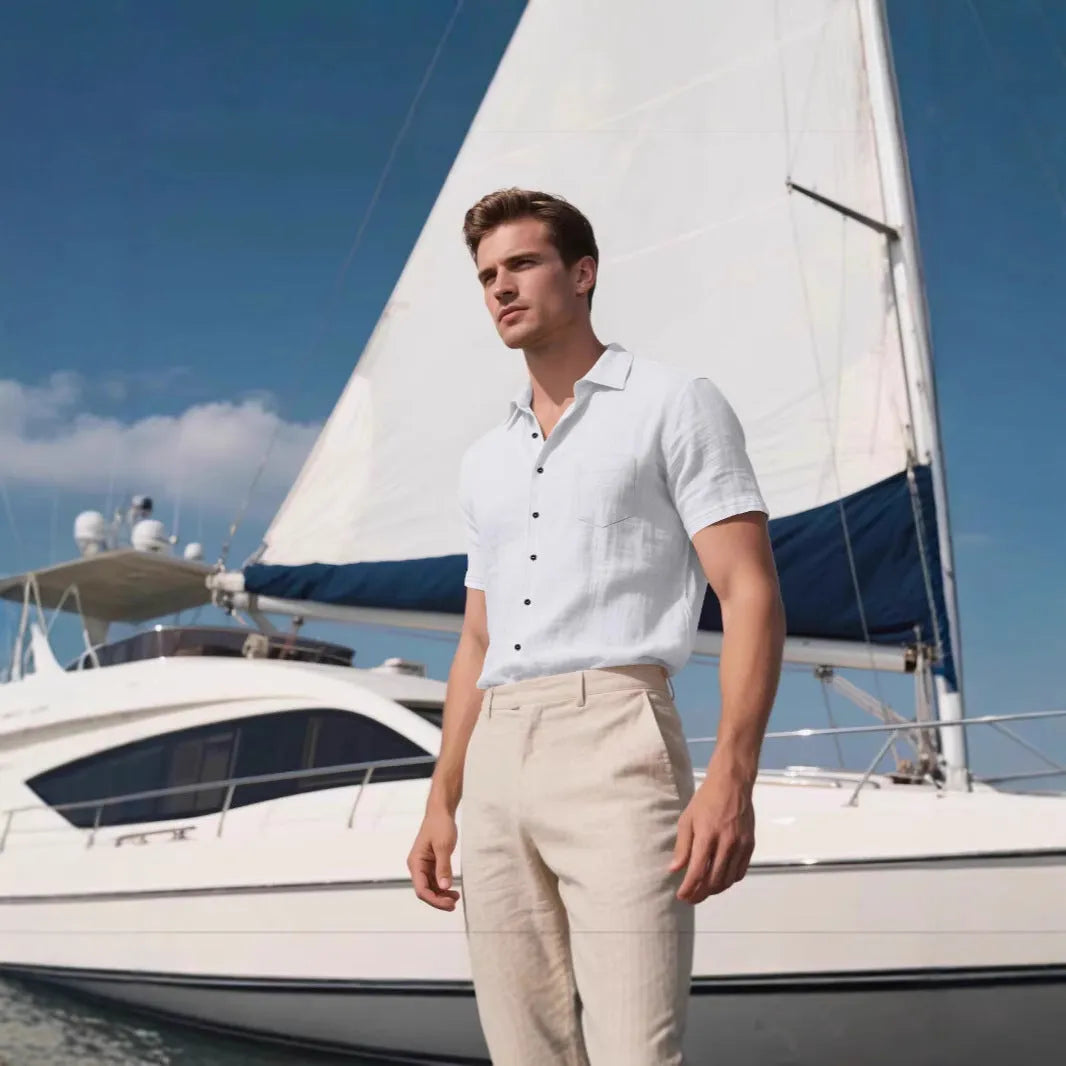 Men's loose fit linen short-sleeved shirt in cardigan style, shown in multiple solid colours.