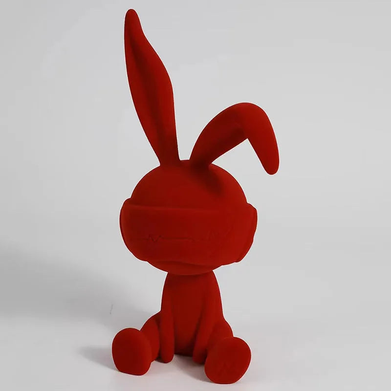 Suede blindfold rabbit resin table ornament in blue, green, or red colours