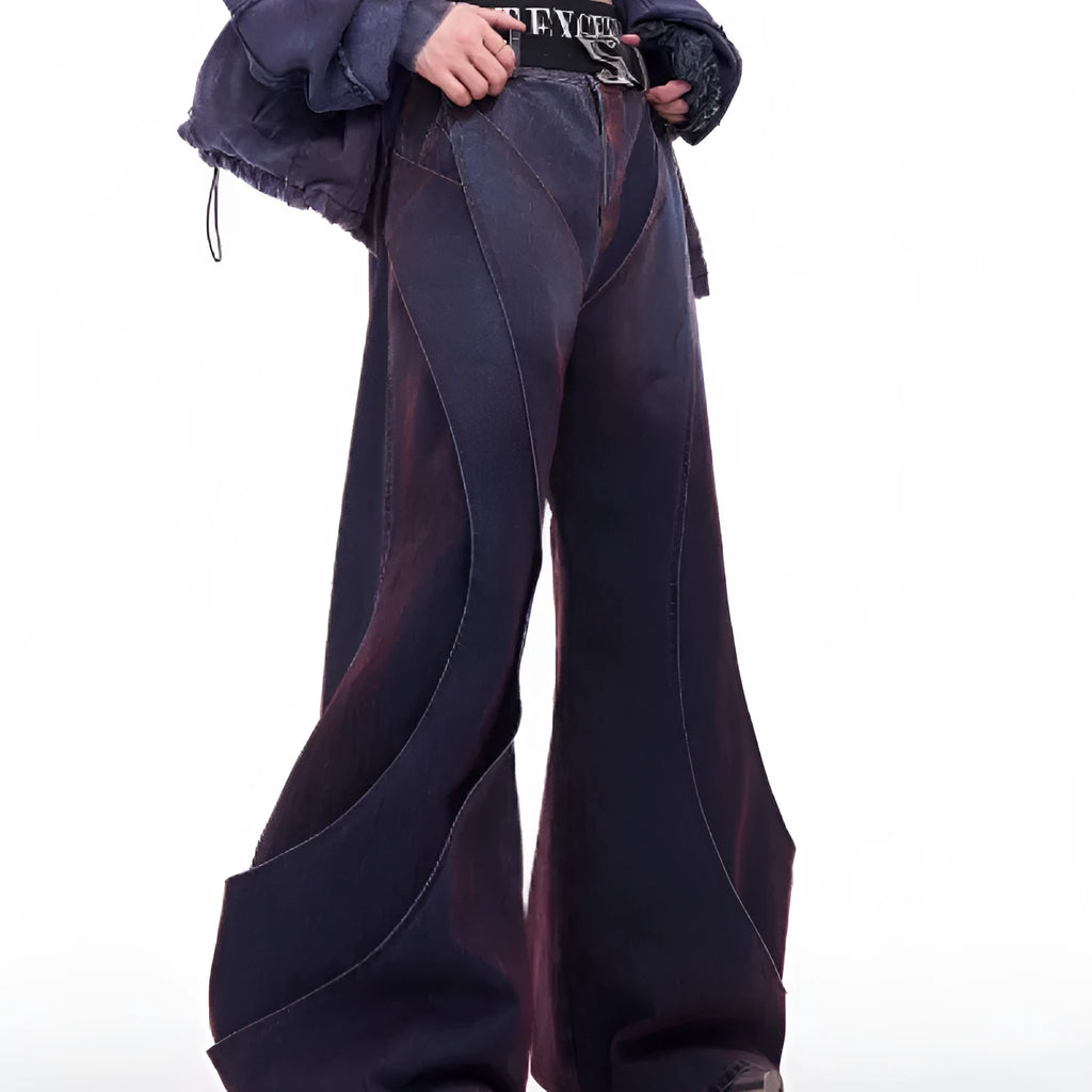 Men's niche deconstruction flocking jeans in brushed gradient wine red colour, wide leg, medium high waist, front zipper
