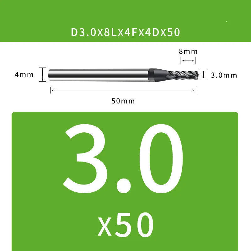 4-blade tungsten steel end mill showing cutting edges and diameter markings