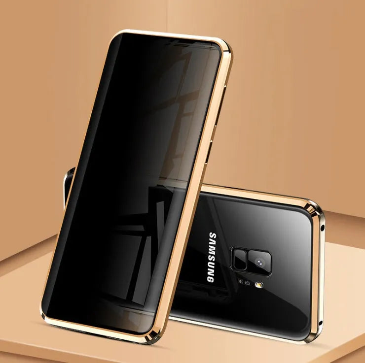 Black clamshell phone case with magnetic closure for Samsung Galaxy, showing anti-peeping screen.
