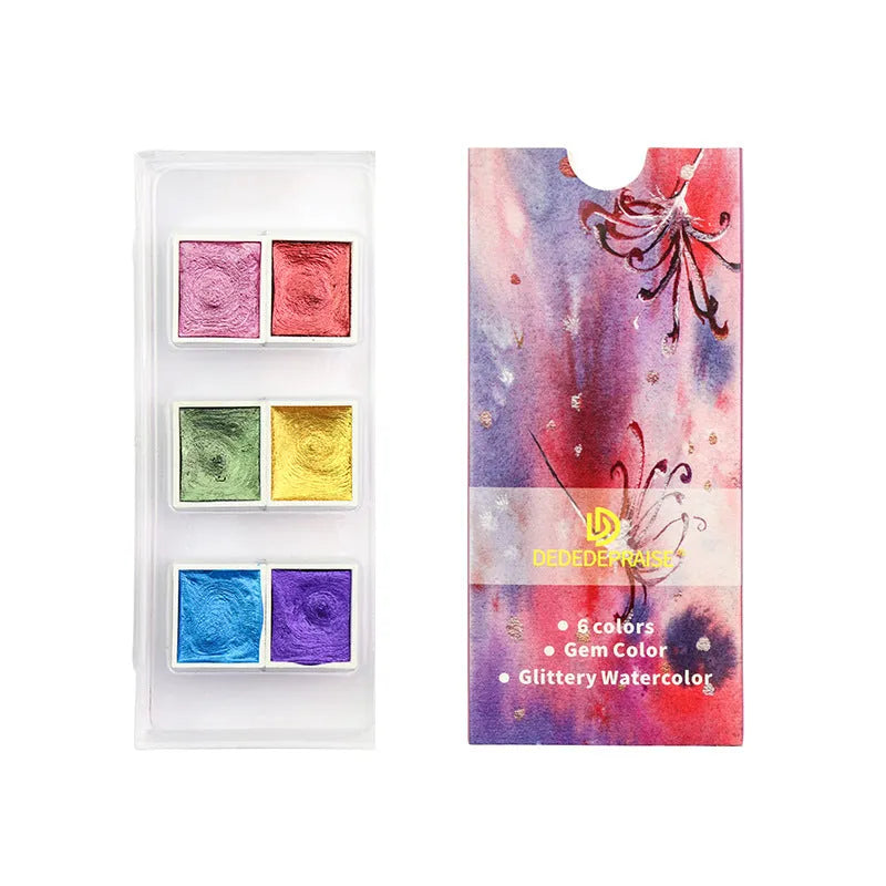 Boxed solid watercolour pigment set with pearlescent finishes in three colour system options