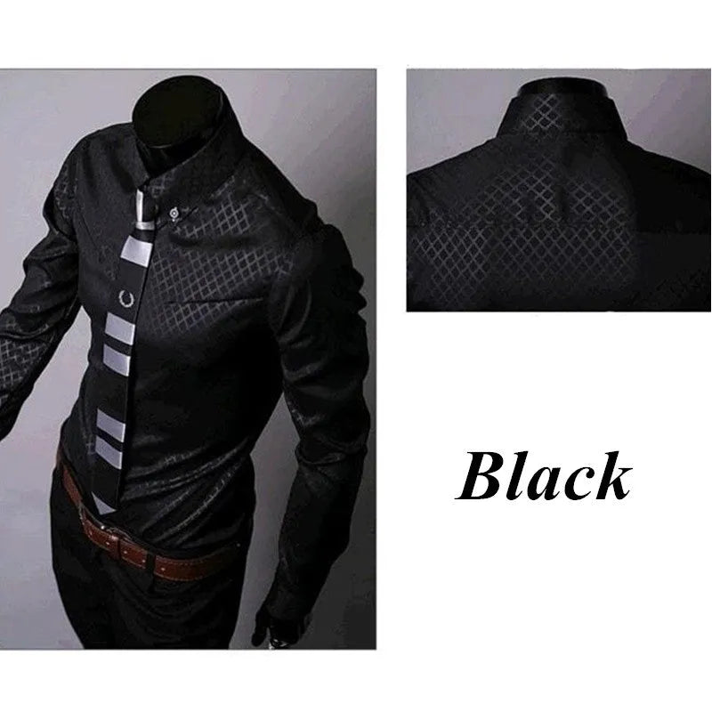 Men's fitted striped dress shirt with square collar and long sleeves in cotton blend broadcloth
