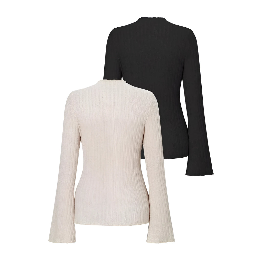 Long sleeve round neck top with lantern sleeves in black colour, slim fit design