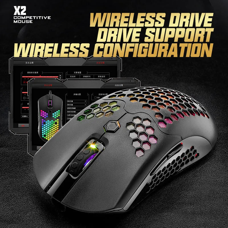 Free Wolf X2 wireless gaming mouse with RGB lighting in multiple colour options on a desk.