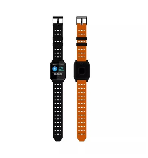 A6 smart bracelet with colour screen and silicone strap shown in black, blue, and orange colour options