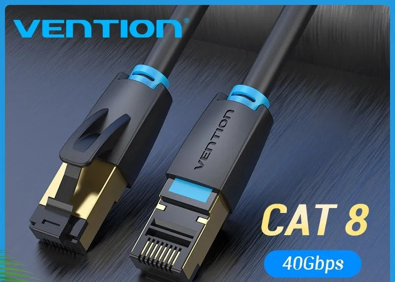 Shielded CAT8 Ethernet network cable with RJ45 plugs in choice of flat or round style, multiple lengths